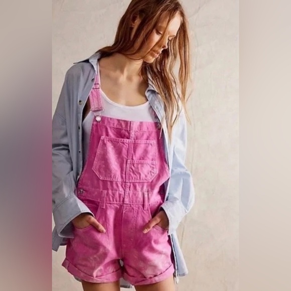 Free People Denim - Free People Women's Pink We The Free Ziggy Short Overalls XS